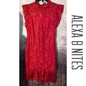 Alexa B Nites Womens Lace Cocktail Dress Size 8 Red Floral Ruffle Sequin-EUC